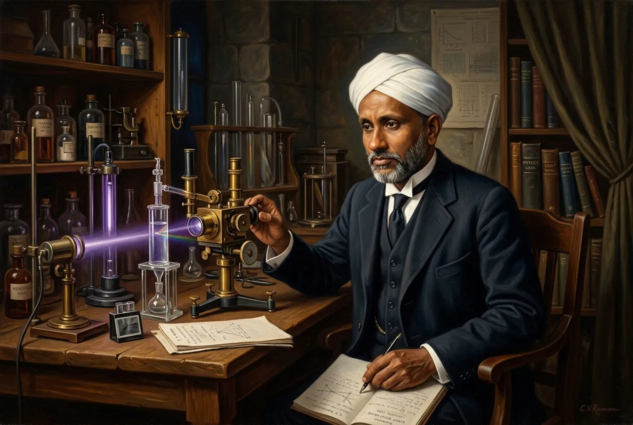 C. V. Raman en su laboratorio de óptica en la Asociación India para el Cultivo de la Ciencia