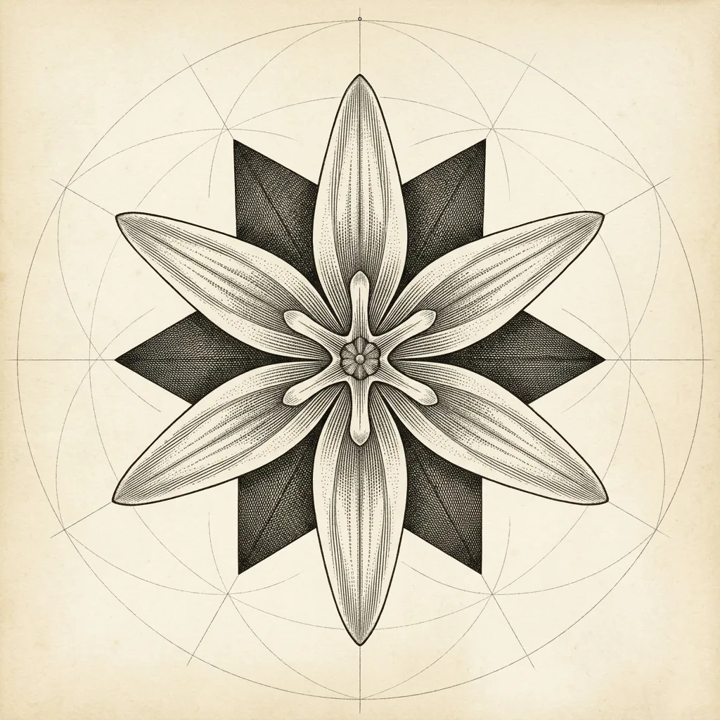 Botanical and geometric engraving of the six-petaled star flower and its hexagonal symmetry inscribed in concentric circles