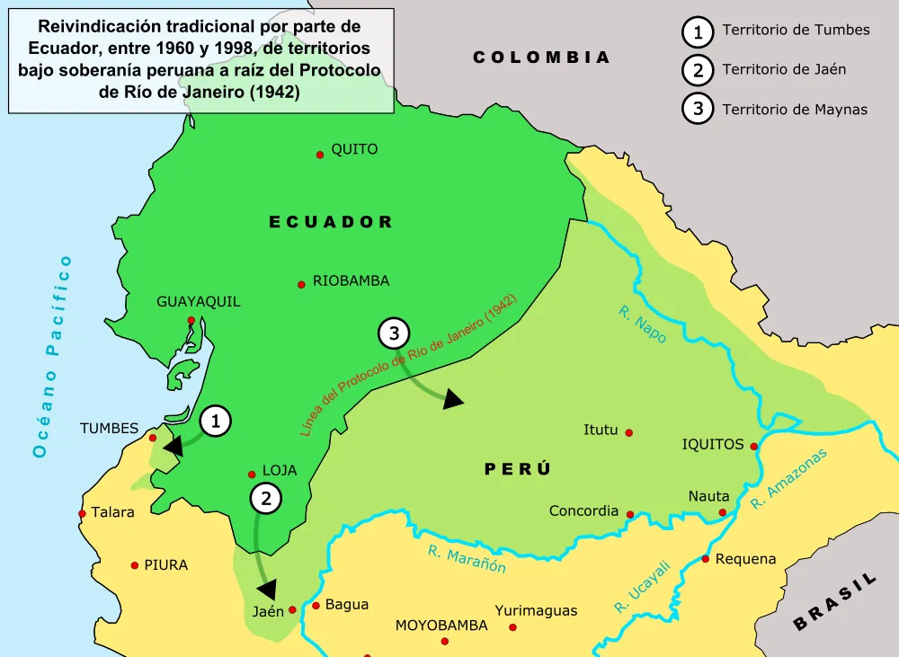 Mapa histórico de las reivindicaciones territoriales y la evolución limítrofe entre Ecuador y Perú
