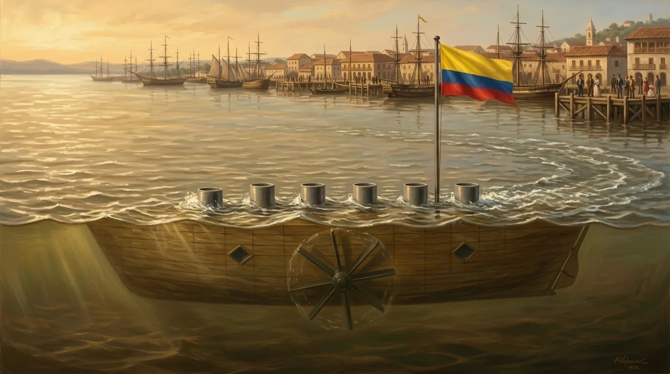 Recreación de la inmersión de El Hipopótamo en el río Guayas en 1838